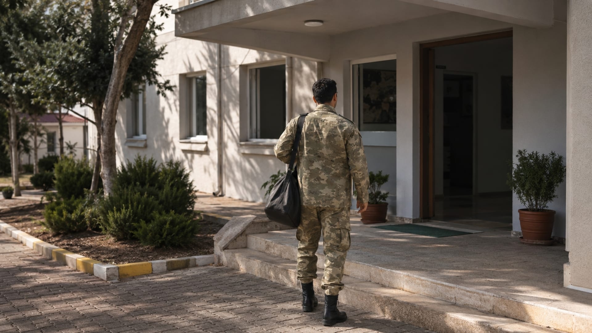 Konaklama amacıyla askerî yerleşkedeki binaya yönelen Türk askerî personel
