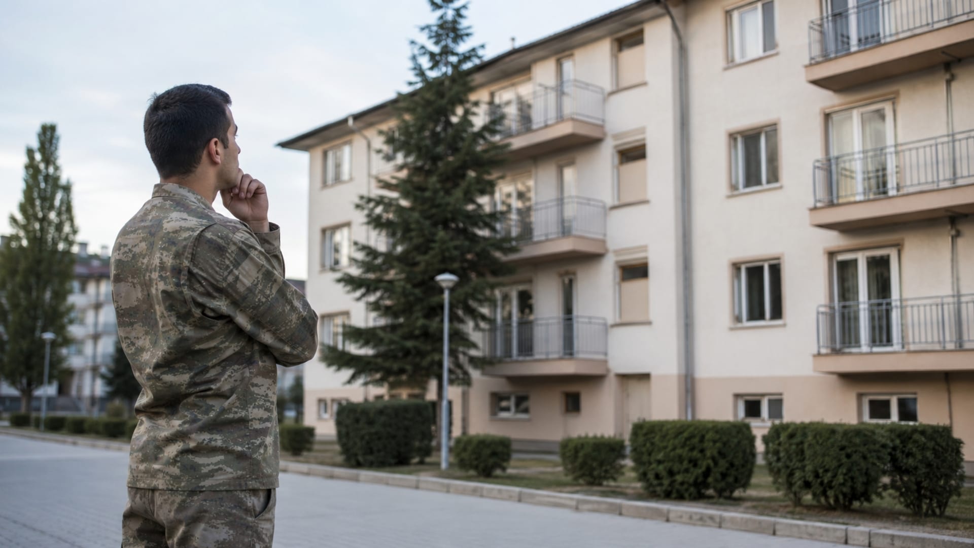 Askerî lojmanların önünde konut imkanlarını değerlendiren Türk askerî personel