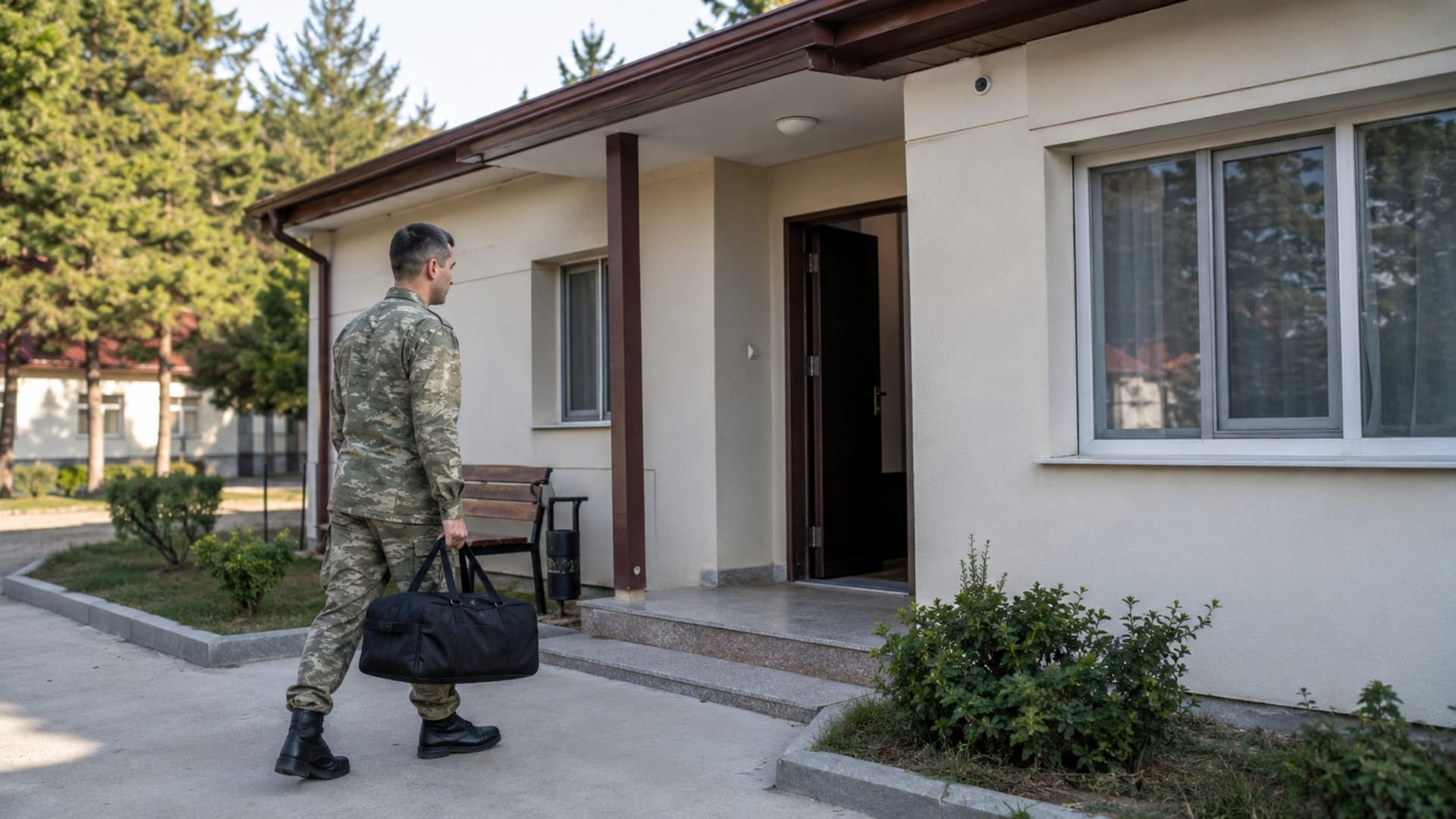 Çantasıyla askerî konaklama binasına yönelen Türk askerî personel