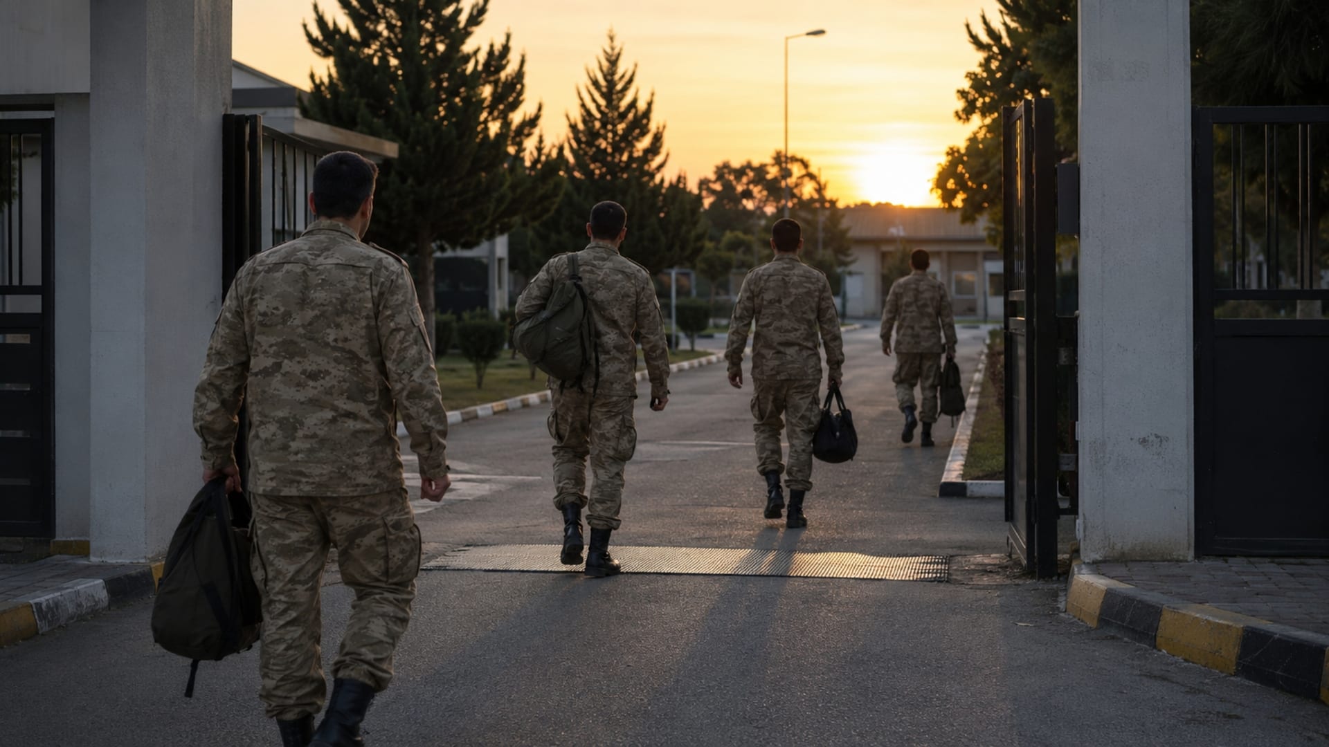 Mesai bitiminde askerî birlik kapısından ayrılan Türk askerî personel