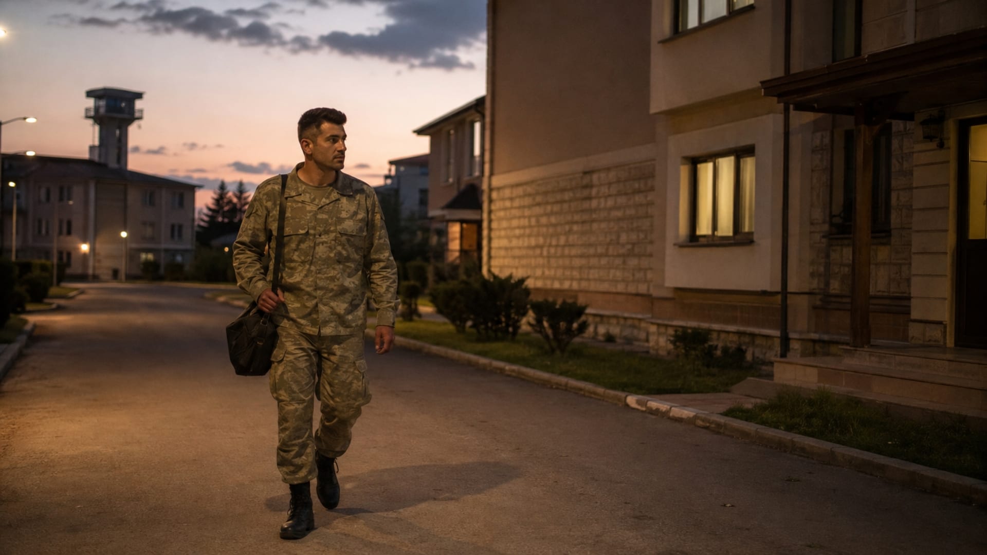 Akşam saatlerinde askerî konaklama tesisine doğru yürüyen Türk askerî personel