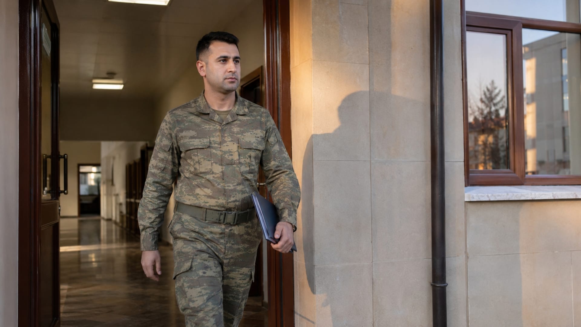 Günlük görevini tamamlayıp birlik binasından çıkan Türk askerî personel