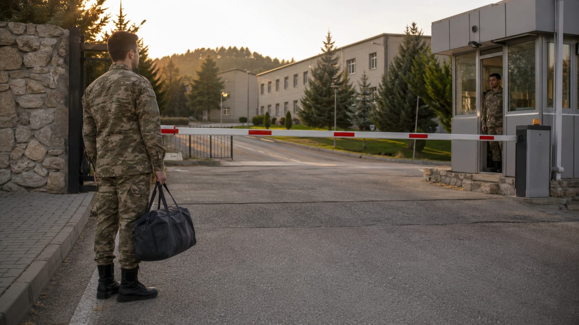 Hafta sonu şehir dışına çıkmadan önce askerî birlik kontrol noktasında bekleyen Türk askerî personel