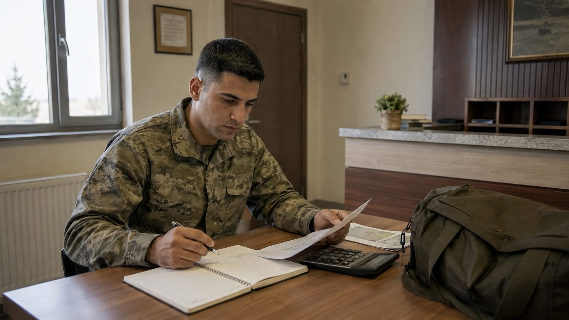 Görev yerindeki konaklama ve günlük giderlere ilişkin evrakları inceleyen Türk askerî personel