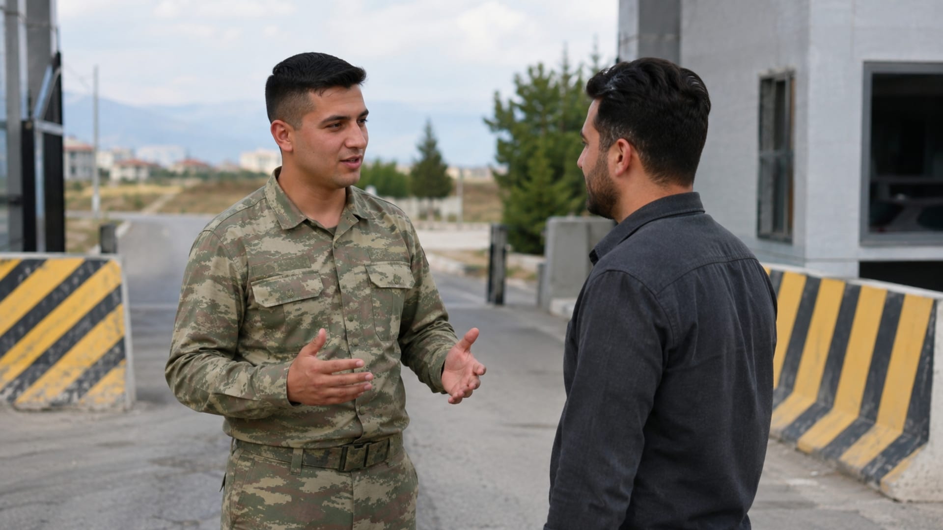 Bir kontrol noktasında resmî çerçevede sakin bir görüşme yapan Türk askerî personel