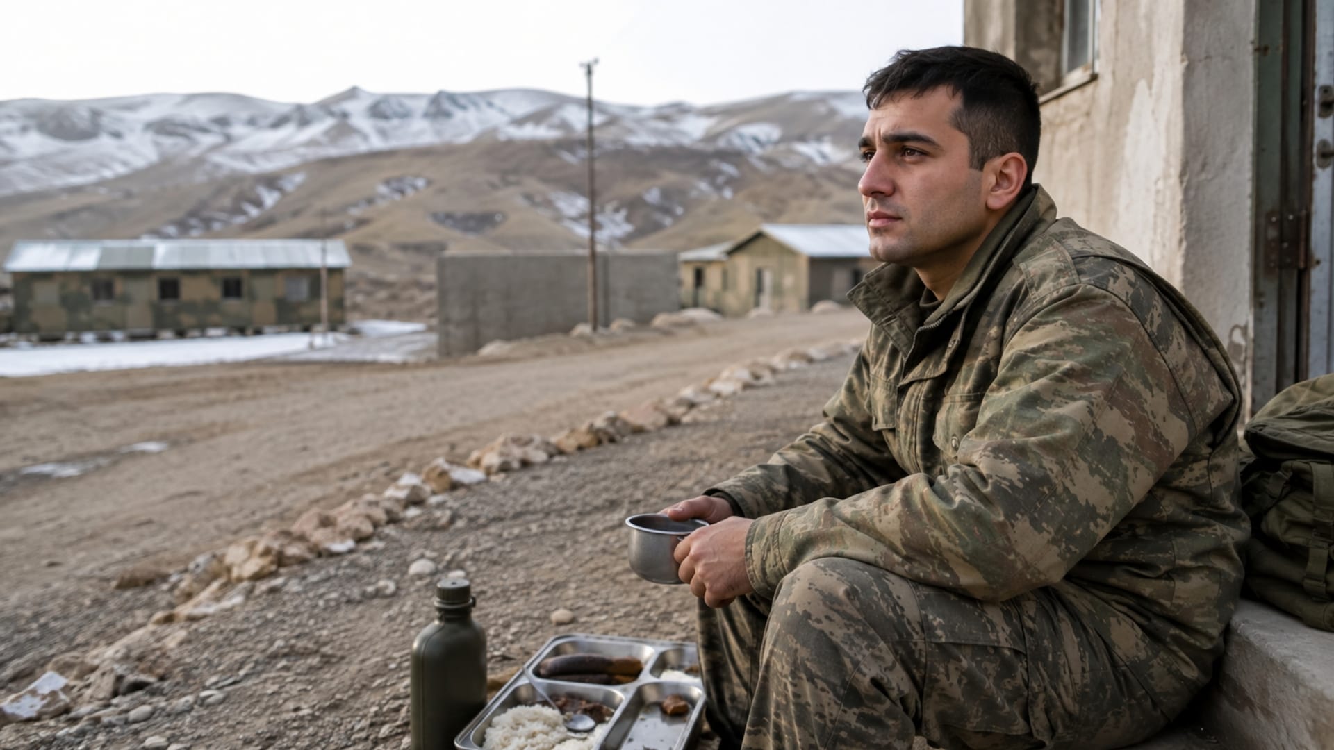 Karlı ve uzak bir görev bölgesinde birlik imkânlarıyla yemek yiyen Türk askerî personel