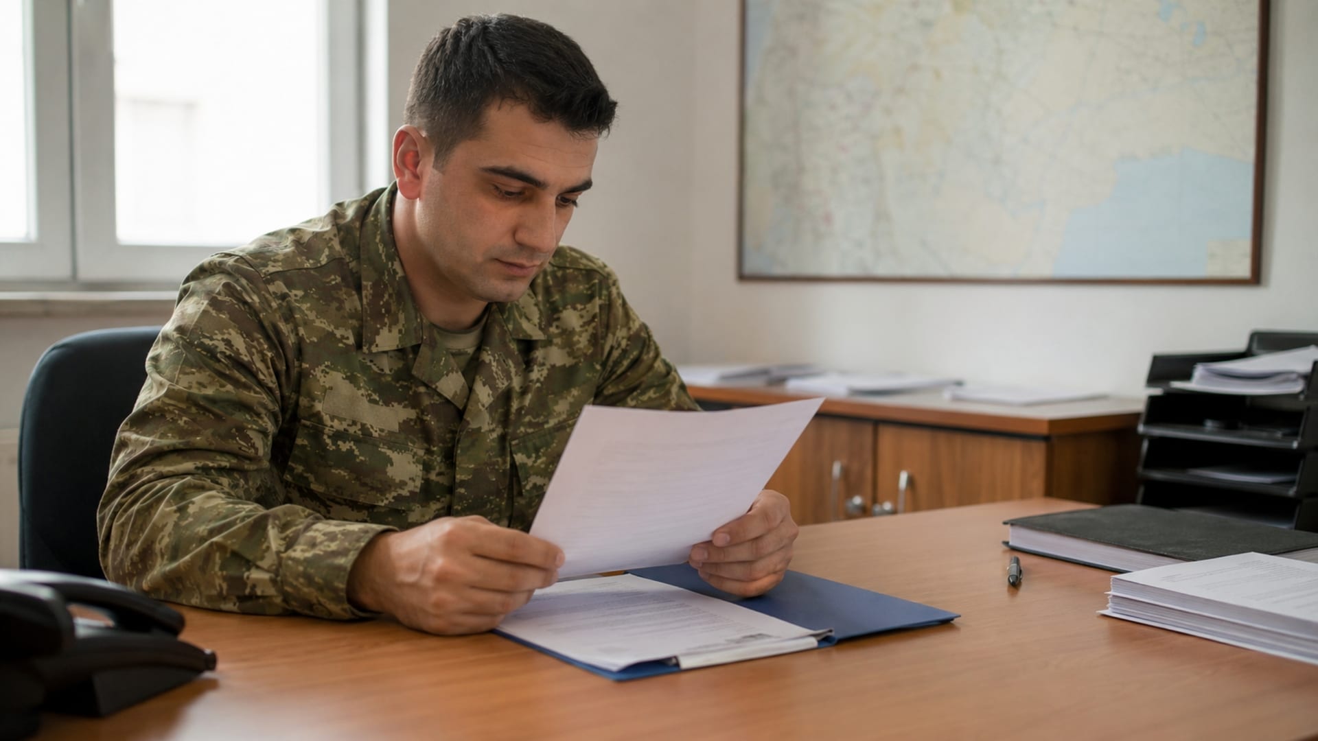 Garnizon terk iznine ilişkin evrakları askerî ofiste inceleyen Türk askerî personel