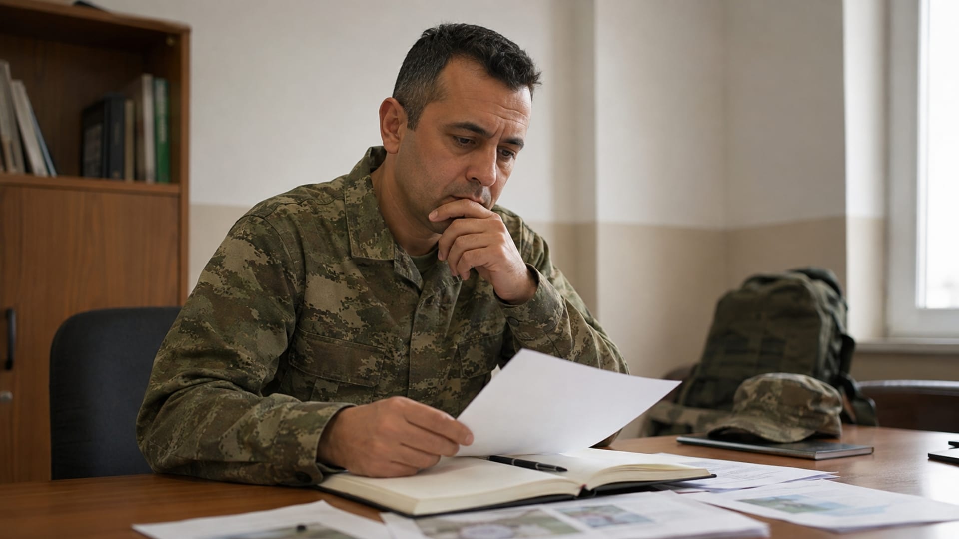 Görev yerinde konaklama seçenekleri ve günlük ulaşım planıyla ilgili belgeleri inceleyen Türk askerî personel