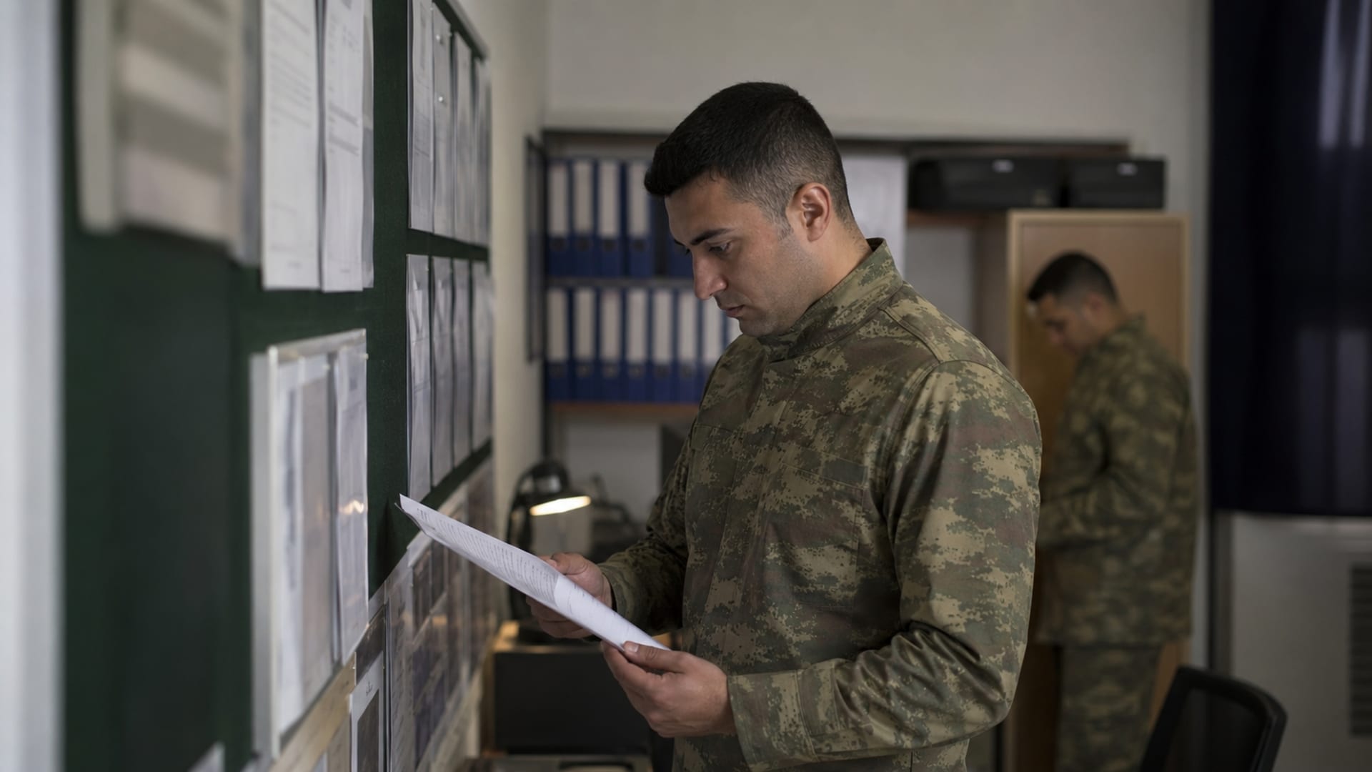 Birlik içinde üniforma ve dışarı çıkış kurallarına ilişkin duyuru ve belgeleri inceleyen Türk askerî personel