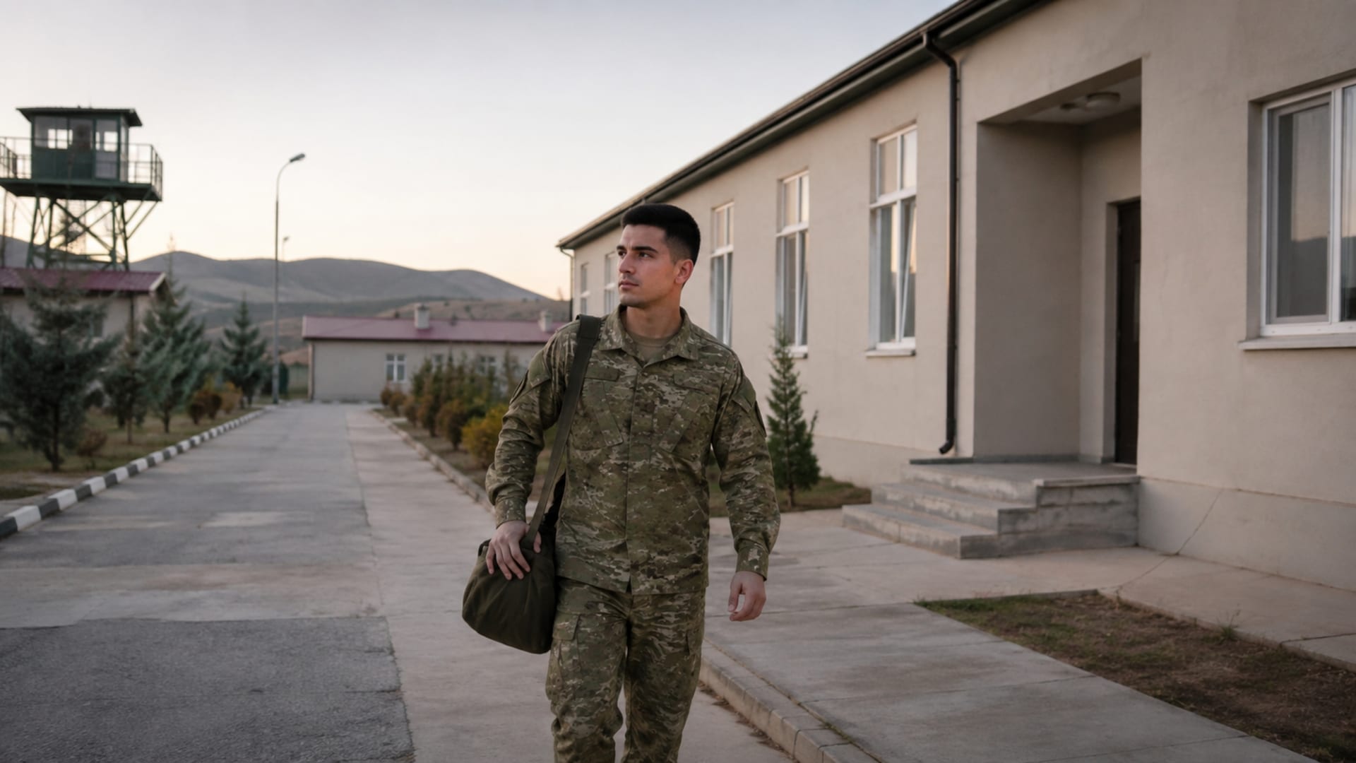 Uzak görev bölgesindeki askerî yerleşkede birlik içi konaklama alanına yönelen Türk askerî personel