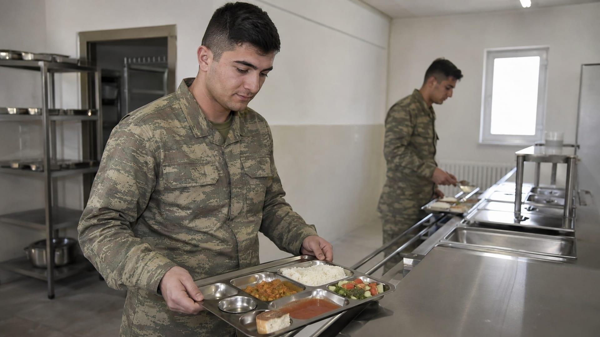 Askerî yemekhanede yemek tepsisini alan Türk askerî personel