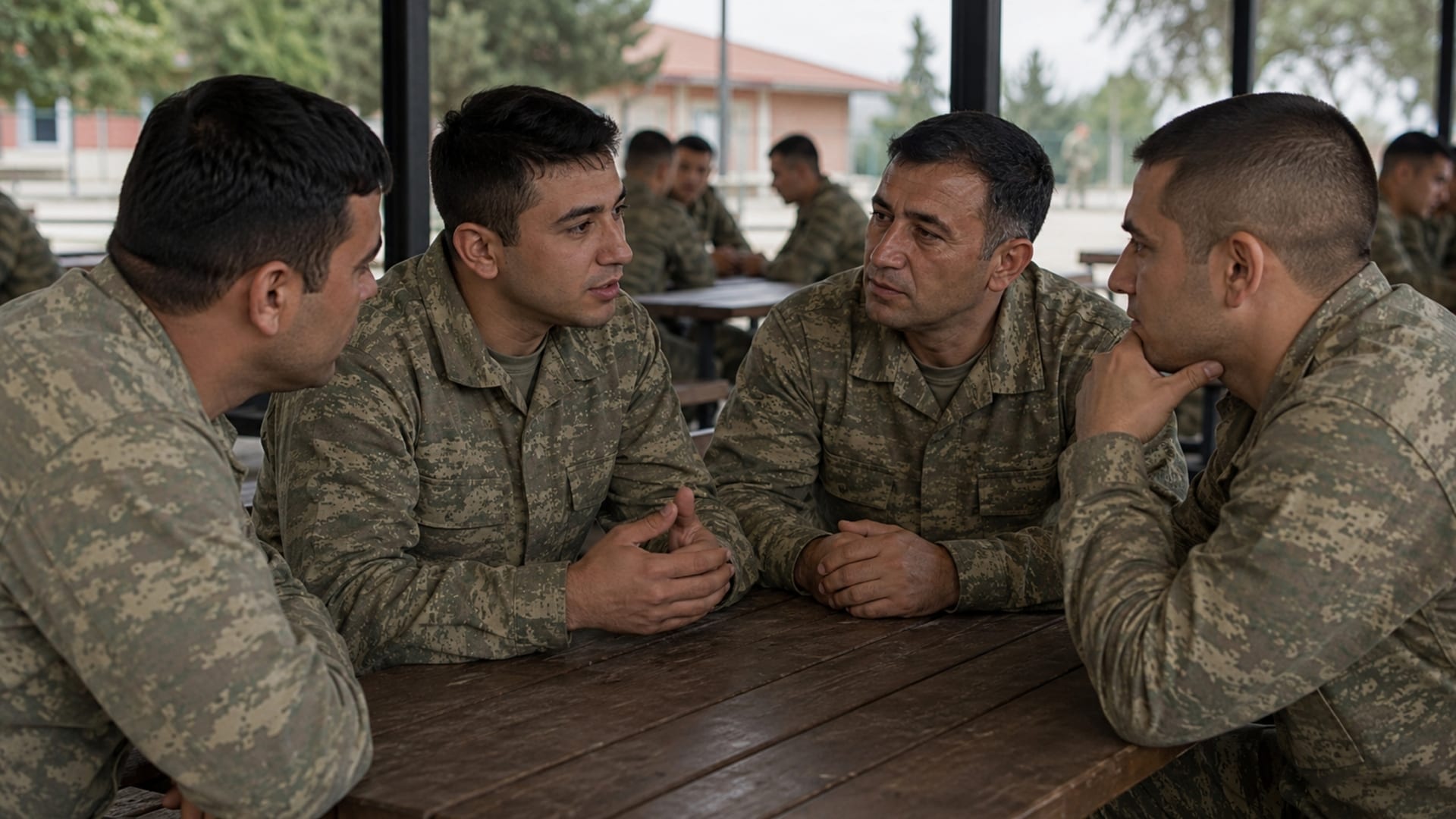 Ortak alanda farklı yaş ve deneyimlerden askerî personelle yüz yüze iletişim kuran Türk askerî personel