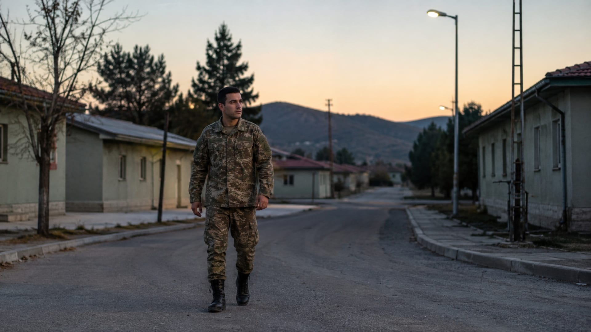 Akşam saatlerinde sessiz askerî yerleşkede tek başına yürüyen ve görev sürecinin yalnızlığını yaşayan Türk askerî personel