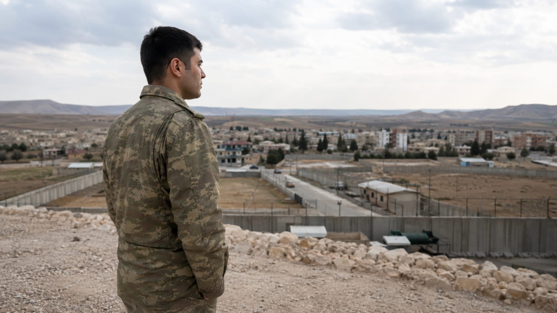 Küçük bir yerleşim yerini yüksek noktadan gözlemleyerek yeni yaşam koşullarına uyum sağlayan Türk askerî personel