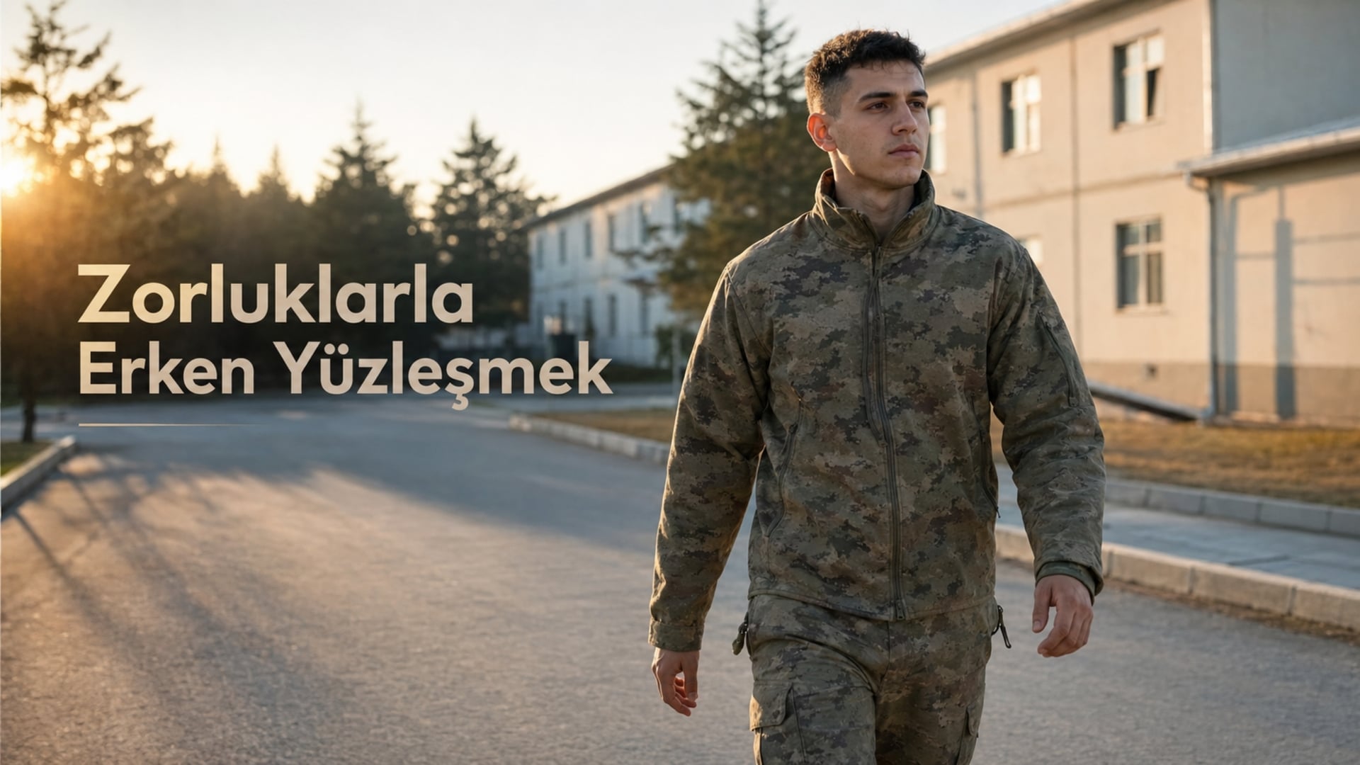 Yetişkinliğe geçiş sürecini düşünürken askerî kampüs içinde yürüyen Türk askerî personel