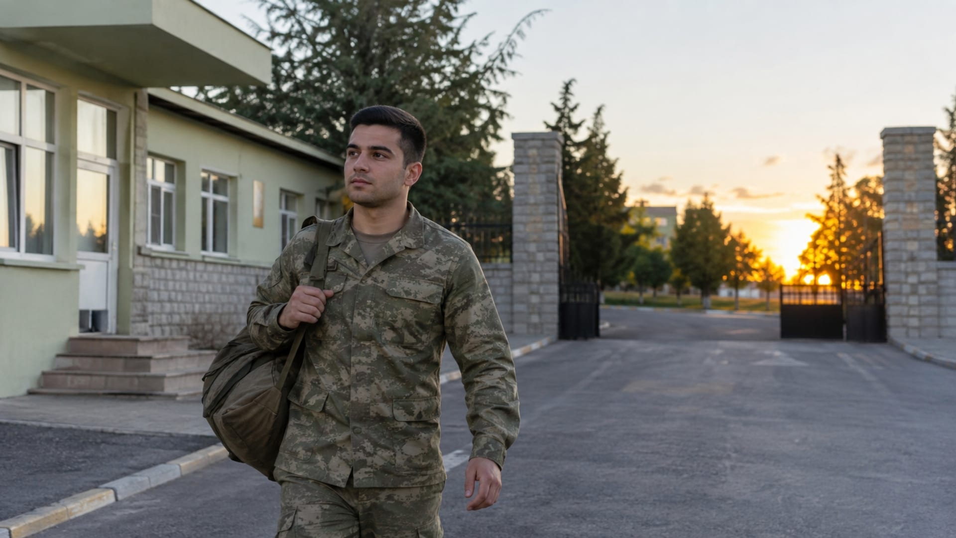Gün sonunda askerî birlik içinde ilerlerken askerlik dönemini ve gelecek planlarını değerlendiren Türk askerî personel