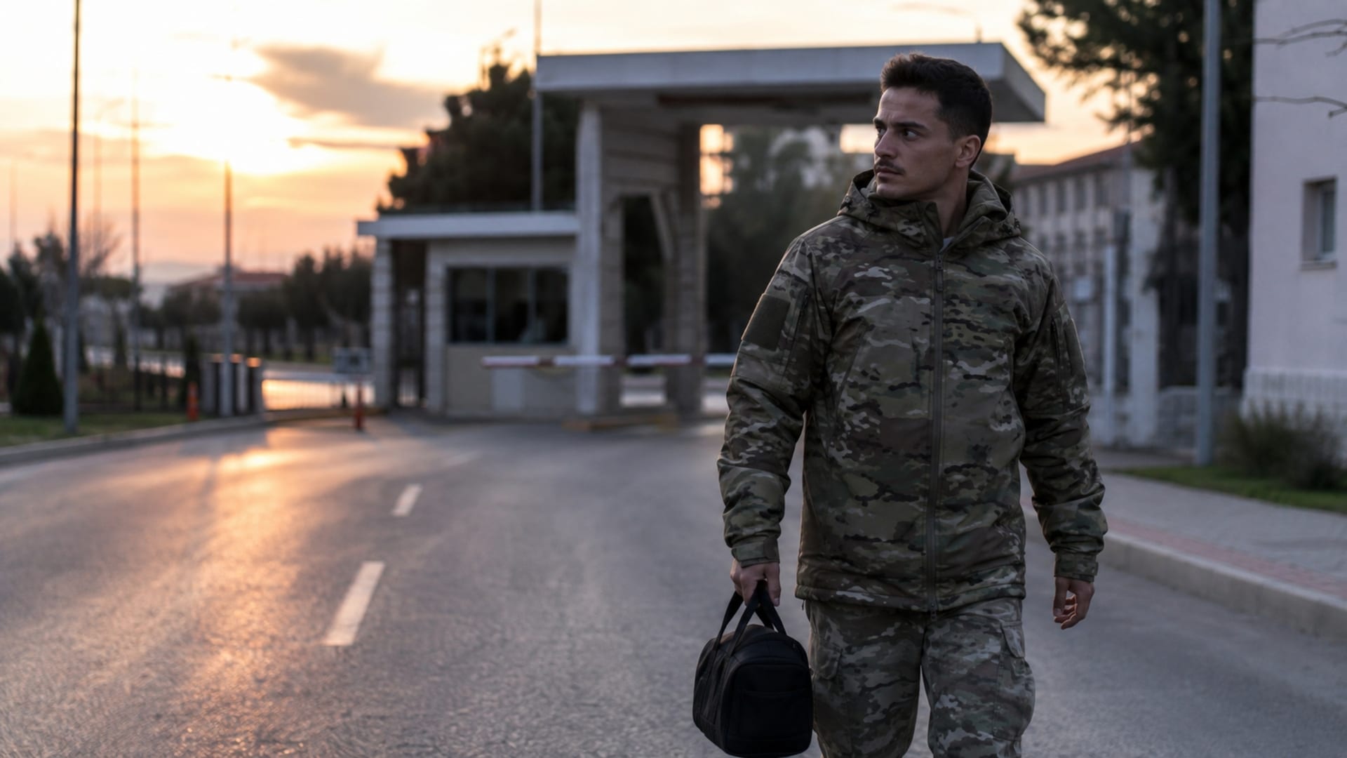 Gün batımında görev yerinin çevresini dikkatle gözlemleyen Türk askerî personel