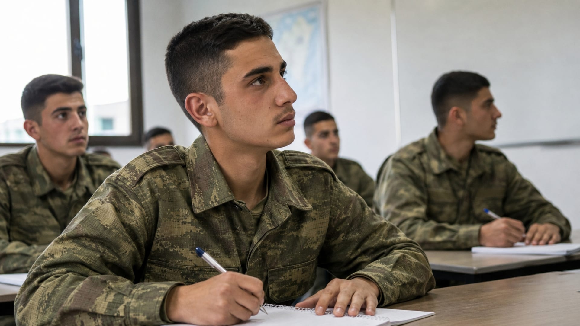 Askerî eğitim sınıfında yeni görev ve sorumluluklara hazırlanırken dikkatle not alan Türk askerî personel