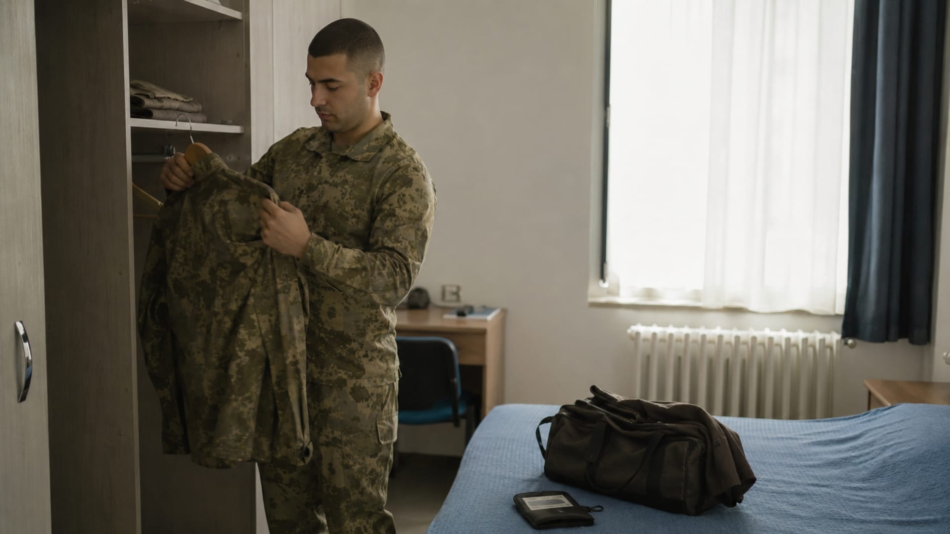 Görev öncesinde üniformasını ve kişisel hazırlığını kontrol eden Türk askerî personel