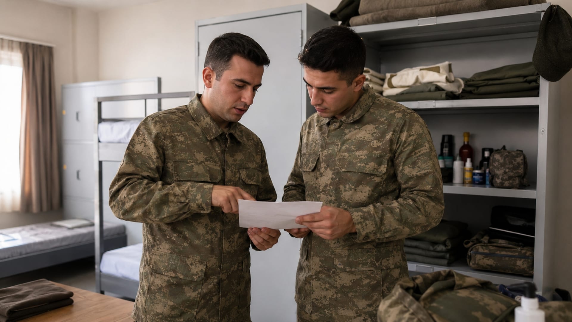 Koğuşta ortaya çıkan günlük bir konuyu birlikte değerlendirerek çözüm arayan iki Türk askerî personel