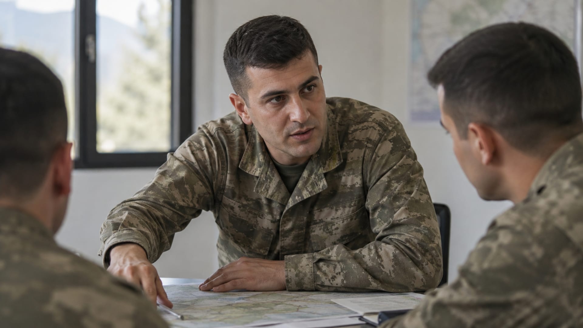 Harita üzerinde görev planlaması ve ekip koordinasyonu yapan Türk askerî personel