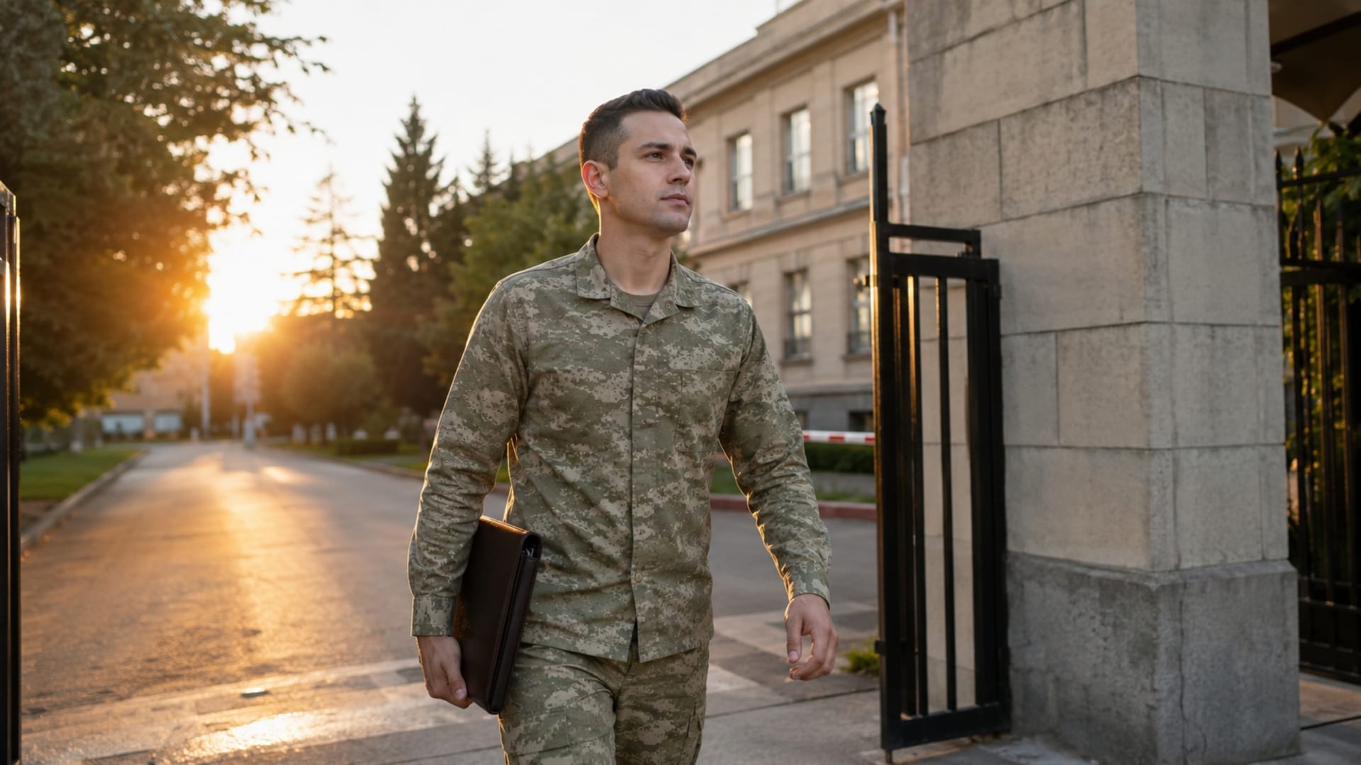 Askerî tesis girişinde görevine başlamak üzere yürüyen kamuflajlı personel, disiplinli çalışma hayatına geçişi yansıtıyor