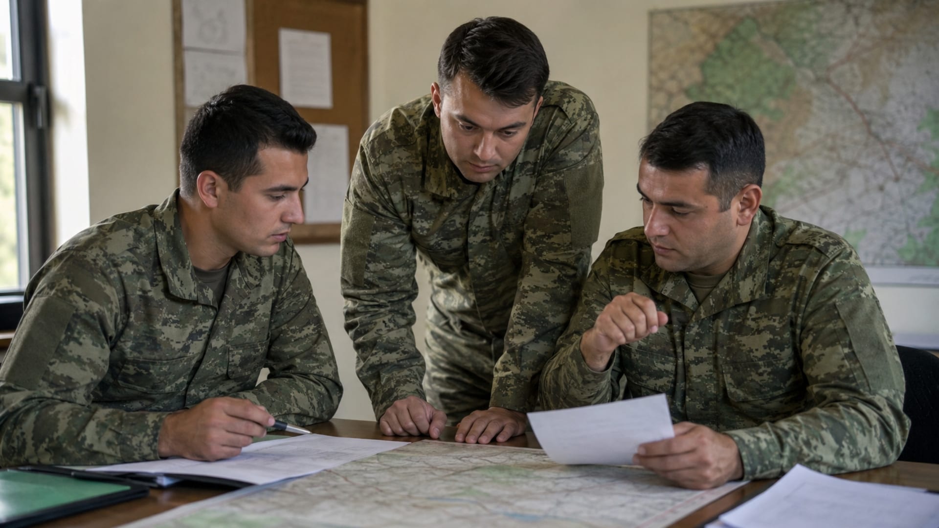 Harita başında birlikte planlama yapan Türk askerî personel