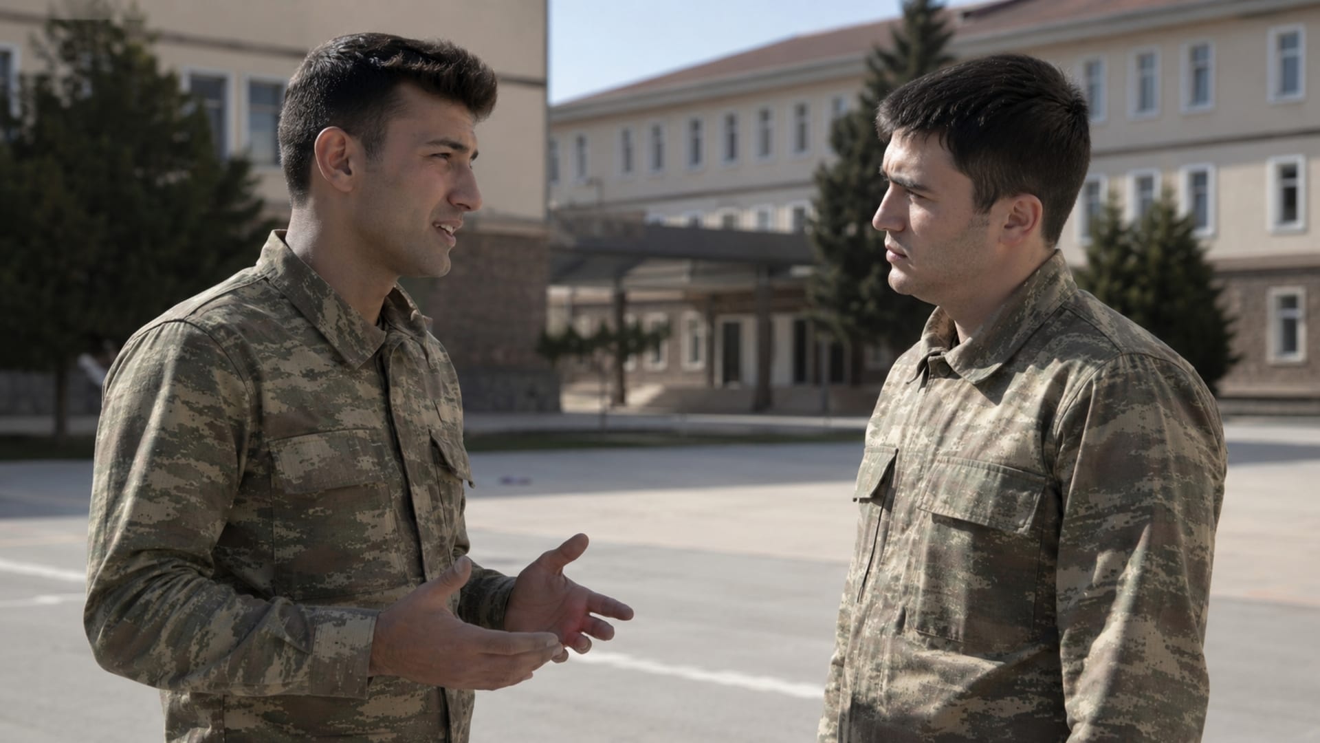 Askerî yerleşke içinde yürürken sohbet eden iki Türk askerî personel