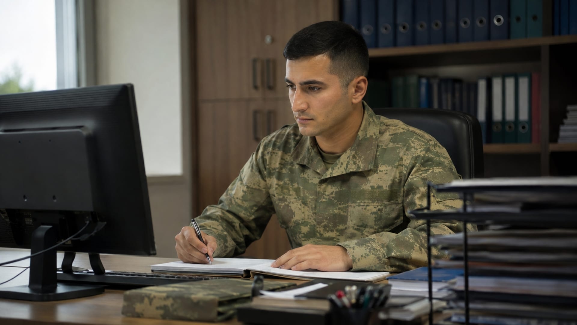 Askerî ofiste bilgisayar ve belgelerle düzenli görev takibi yapan Türk askerî personel