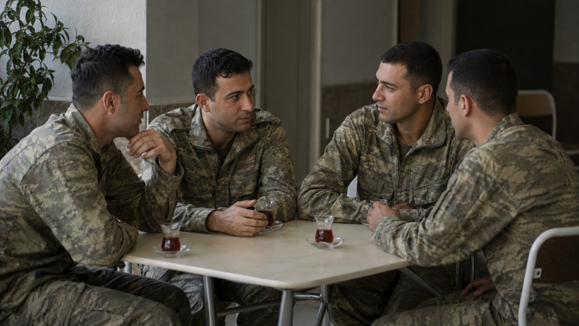 Gün batımında nöbet alanında tek başına duran ve düşünceli görünen Türk askerî personel