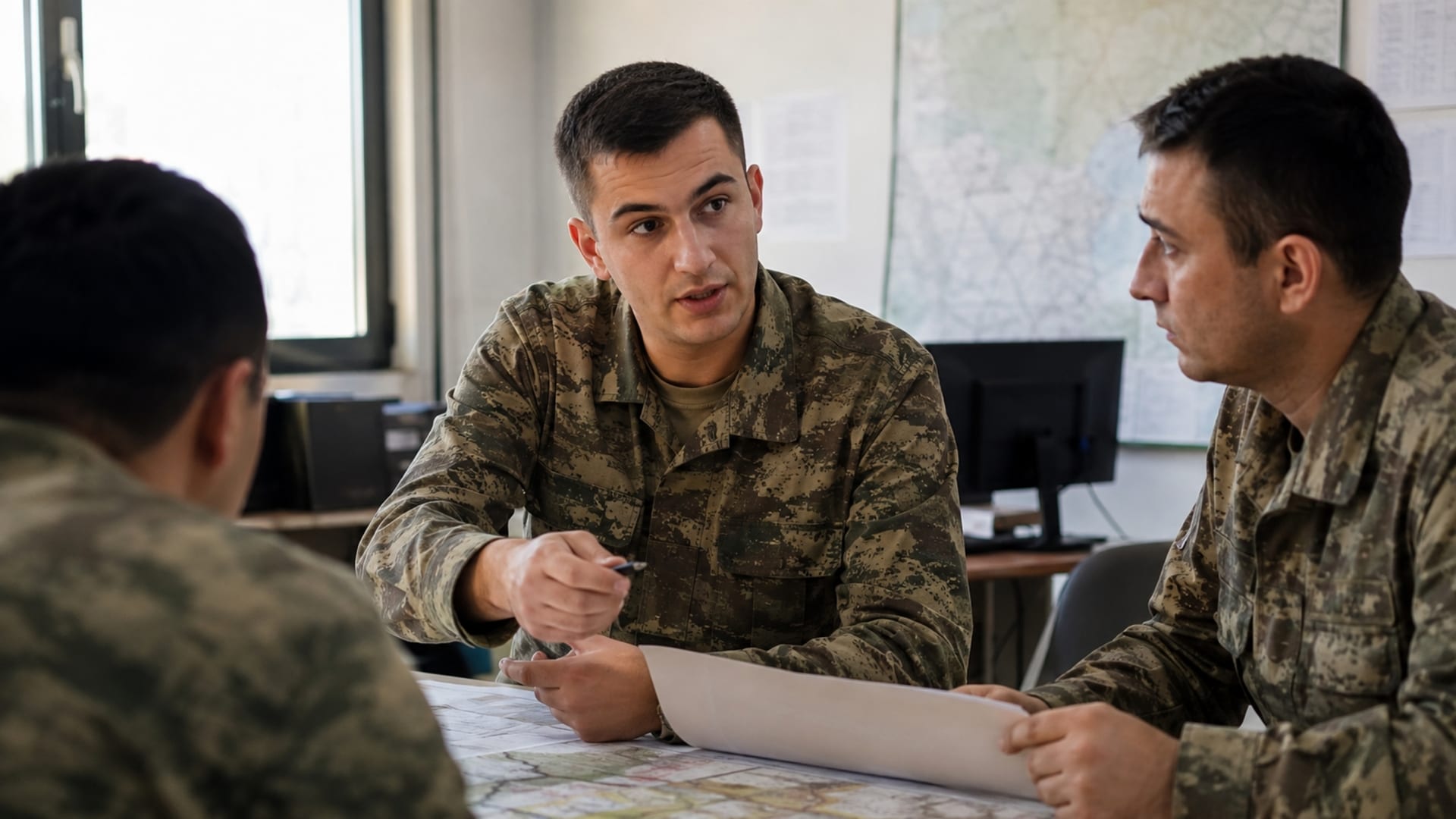 Askerî çalışma ortamında diğer personelle planlama ve koordinasyon yapan Türk askerî personel