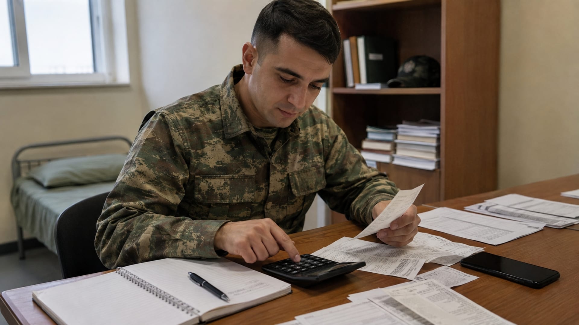 Evraklar ve hesap makinesiyle askerlik döneminin gelir ve maliyet hesabını yapan Türk askerî personel