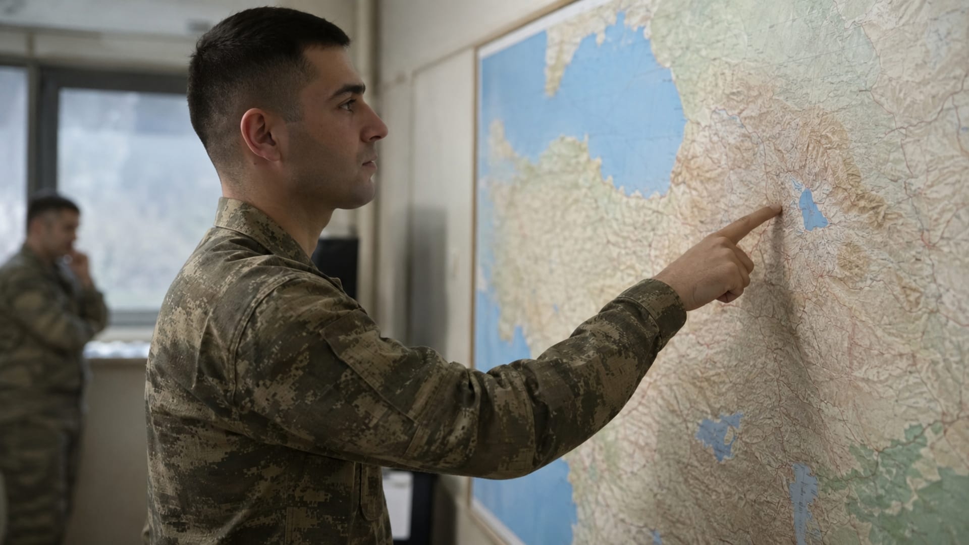 Ardahan ve Çıldır'ın bulunduğu bölgeyi Türkiye haritası üzerinde inceleyen Türk askerî personel