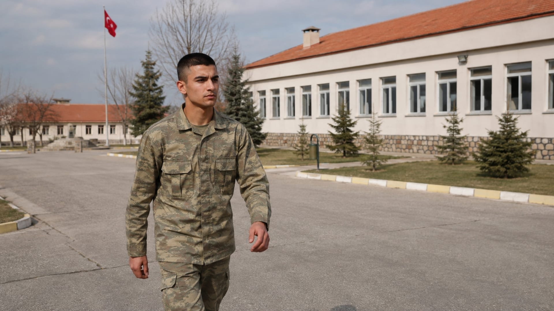 Askerî yerleşkede görevine devam eden temiz tıraşlı Türk askerî personel