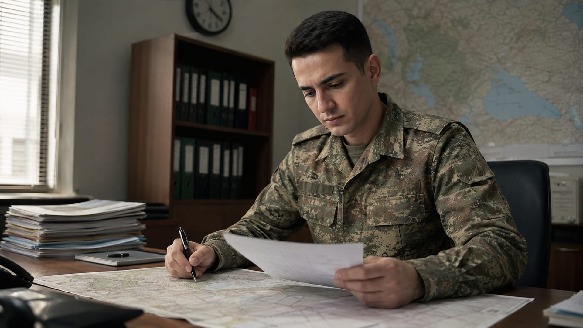 Askerî ofiste harita ve görev belgeleri üzerinde planlama yapan Türk askerî personel