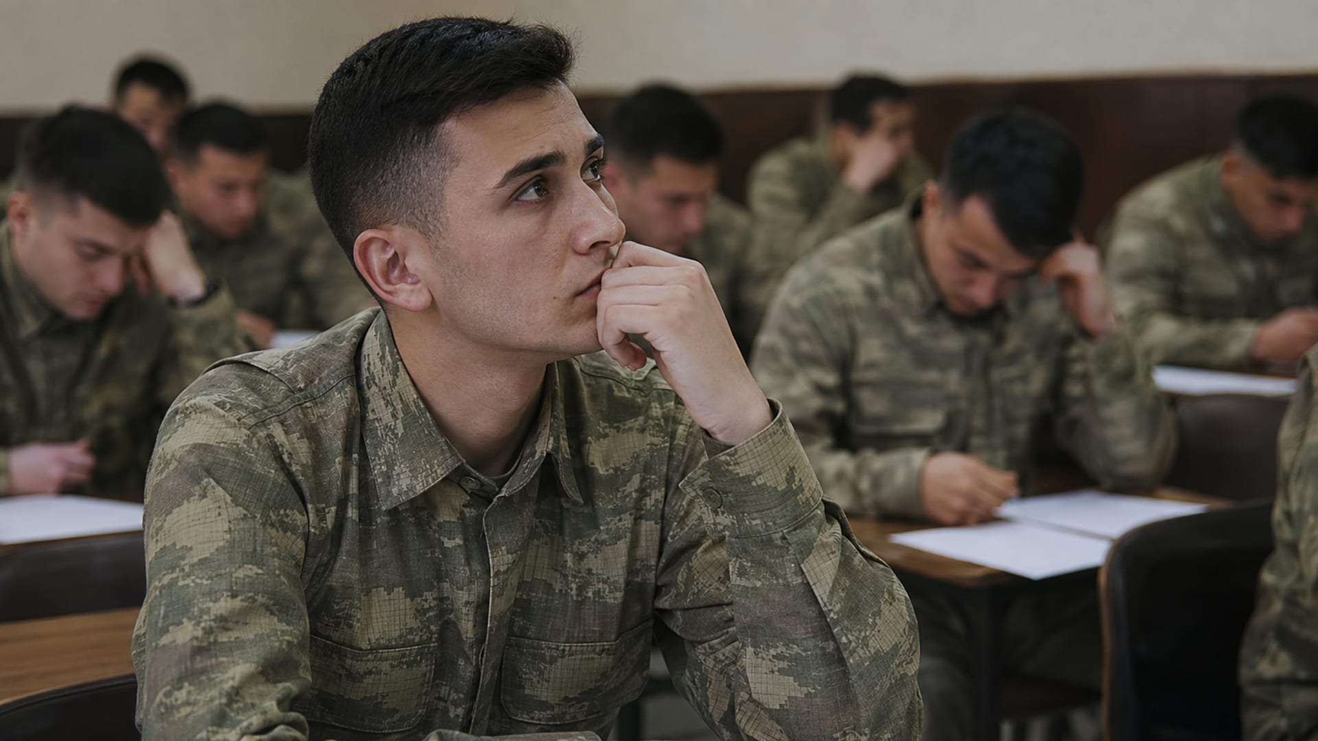 Eğitim sınıfında başarı sıralamasını ve yaklaşan görev yeri kurasını düşünen Türk askerî personel