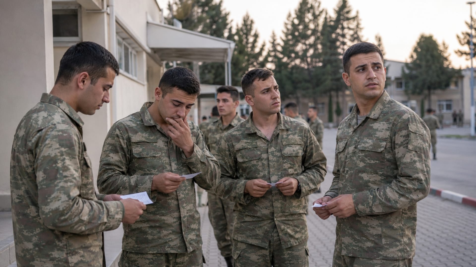 Kura sonuçlarını ellerindeki kâğıtlardan inceleyen ve farklı tepkiler veren Türk askerî personel