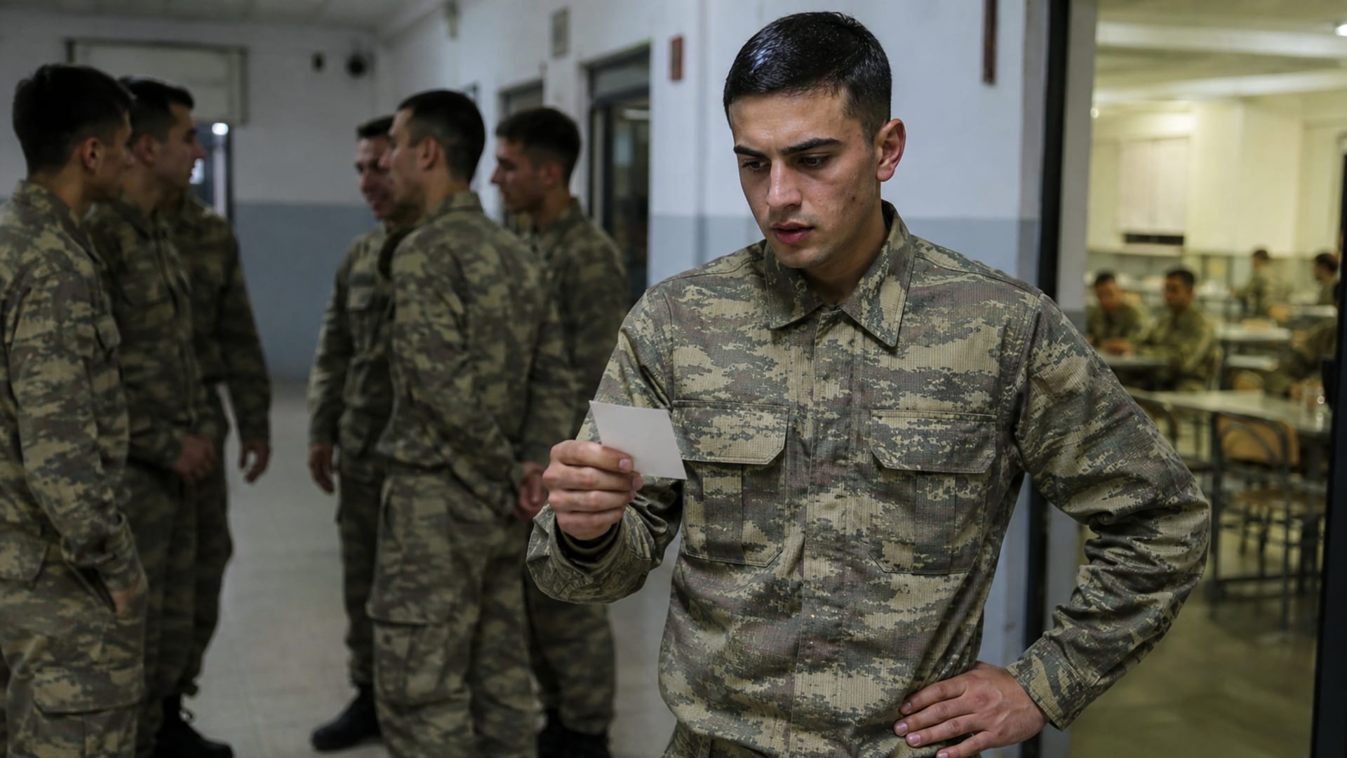 Yemekhanede kura sonucundan etkilenen arkadaşlarıyla konuşan Türk askerî personel