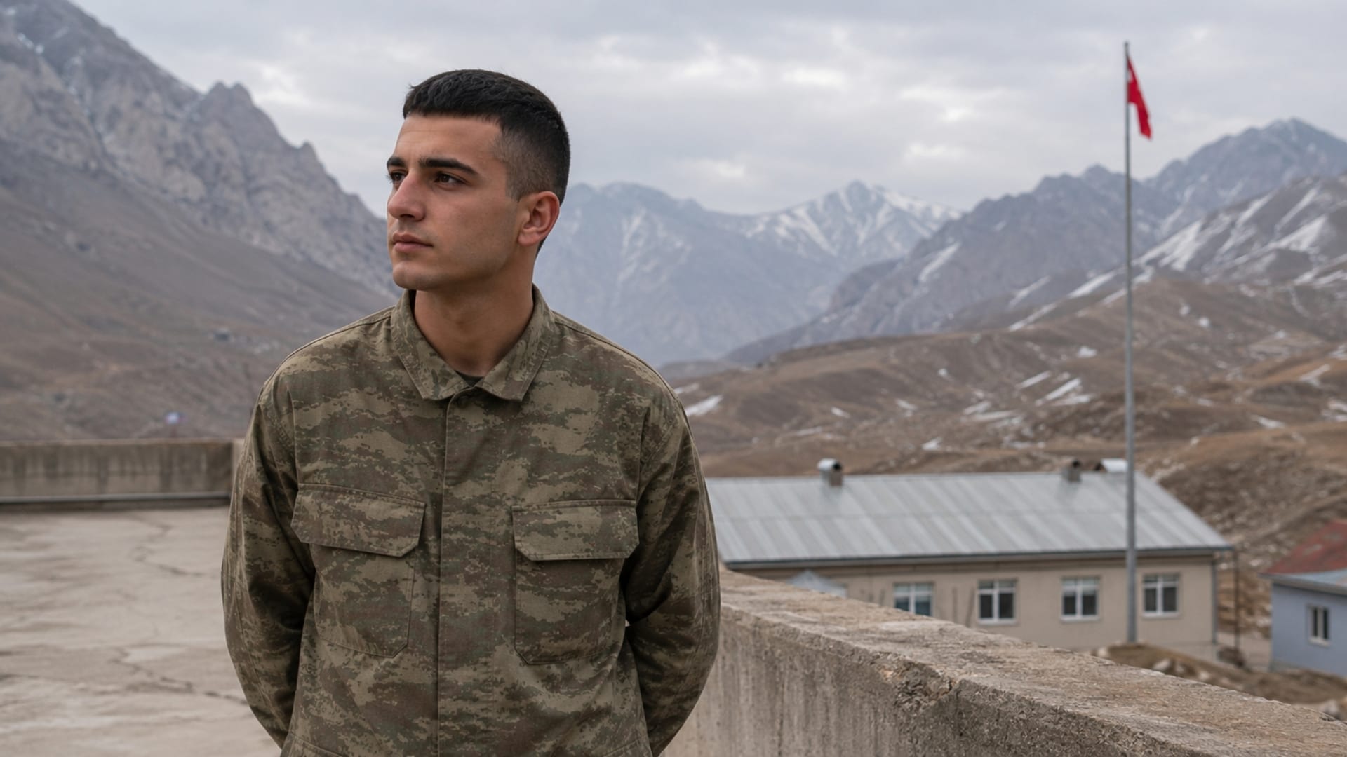 Dağlık ve uzak bir görev bölgesinde çevresini değerlendiren Türk askerî personel