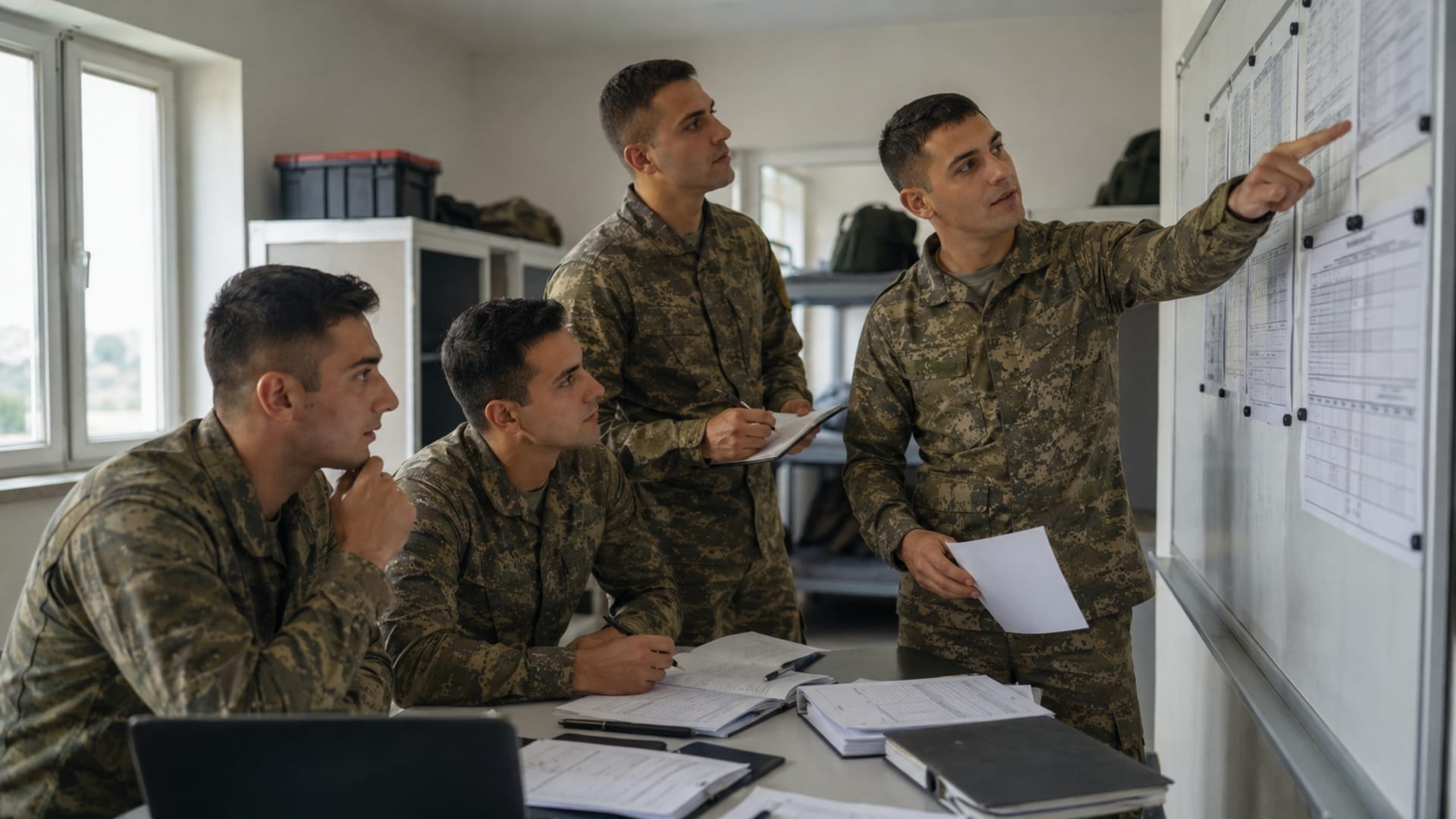 Askerî ofiste görev planlaması ve evraklar üzerinde birlikte çalışan Türk askerî personel