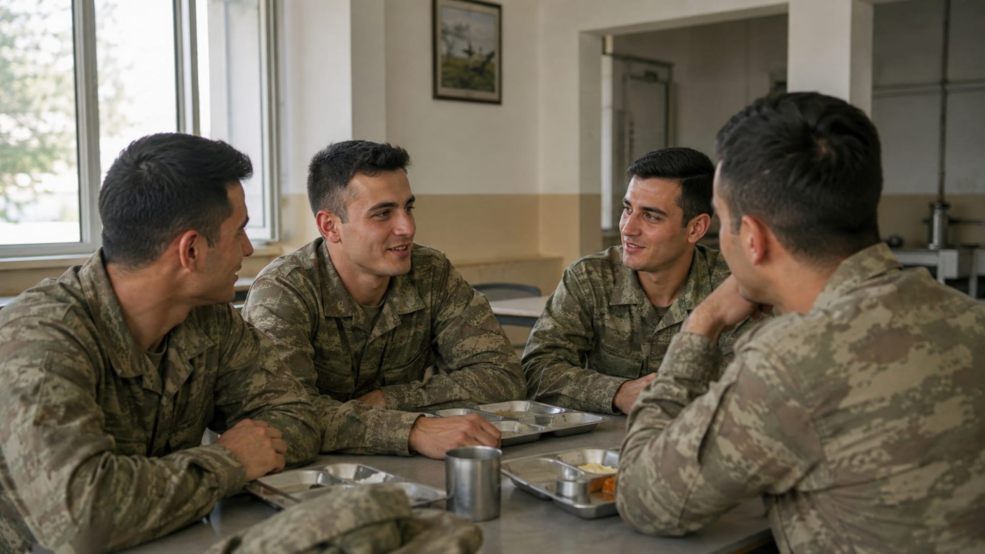 Askerî yemekhanede birlikte oturarak sohbet eden ve yakınlık kuran asteğmenler