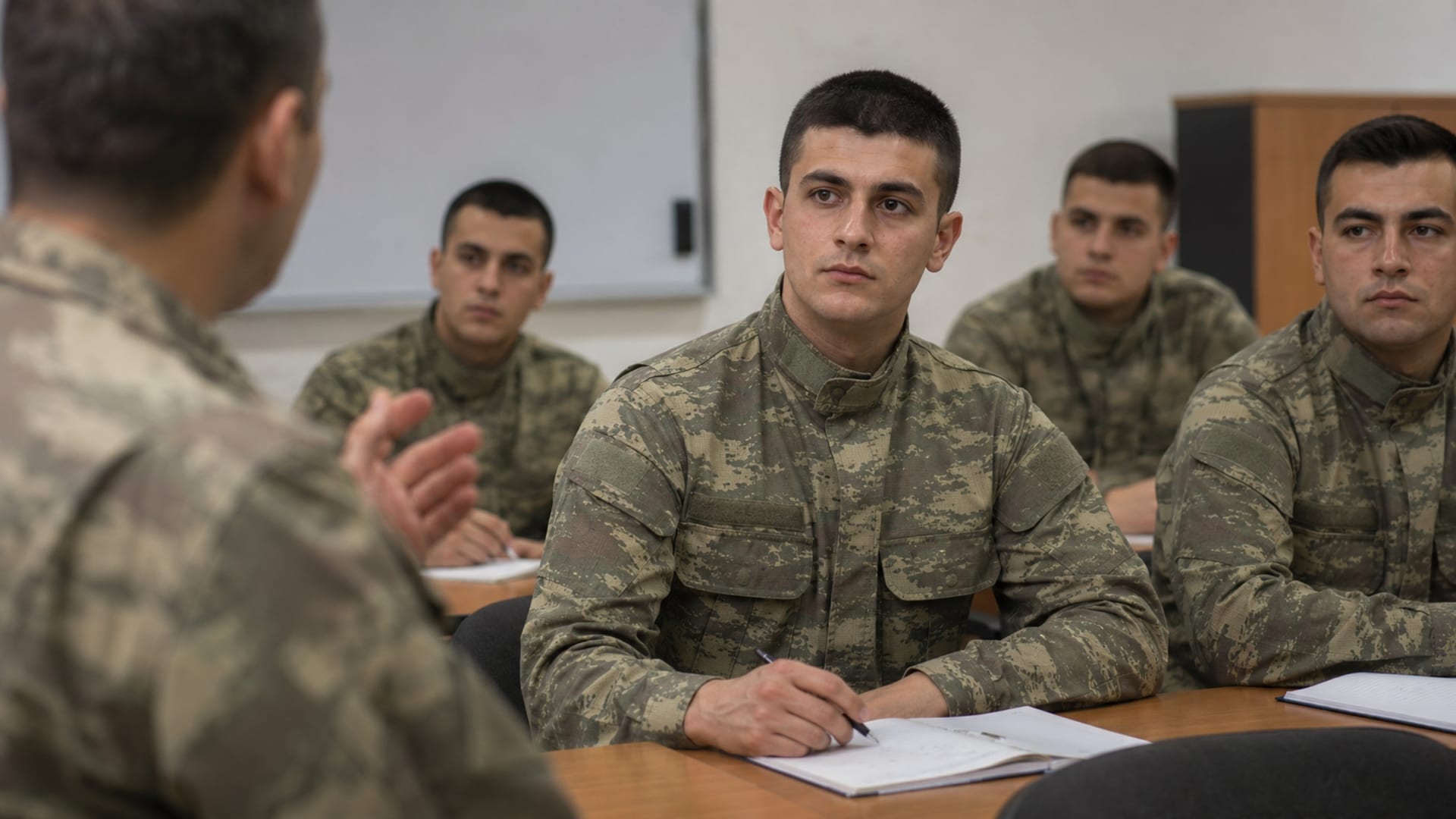 Eğitim birliği koridorunda duyuru panosunu inceleyen Türk askerî personel
