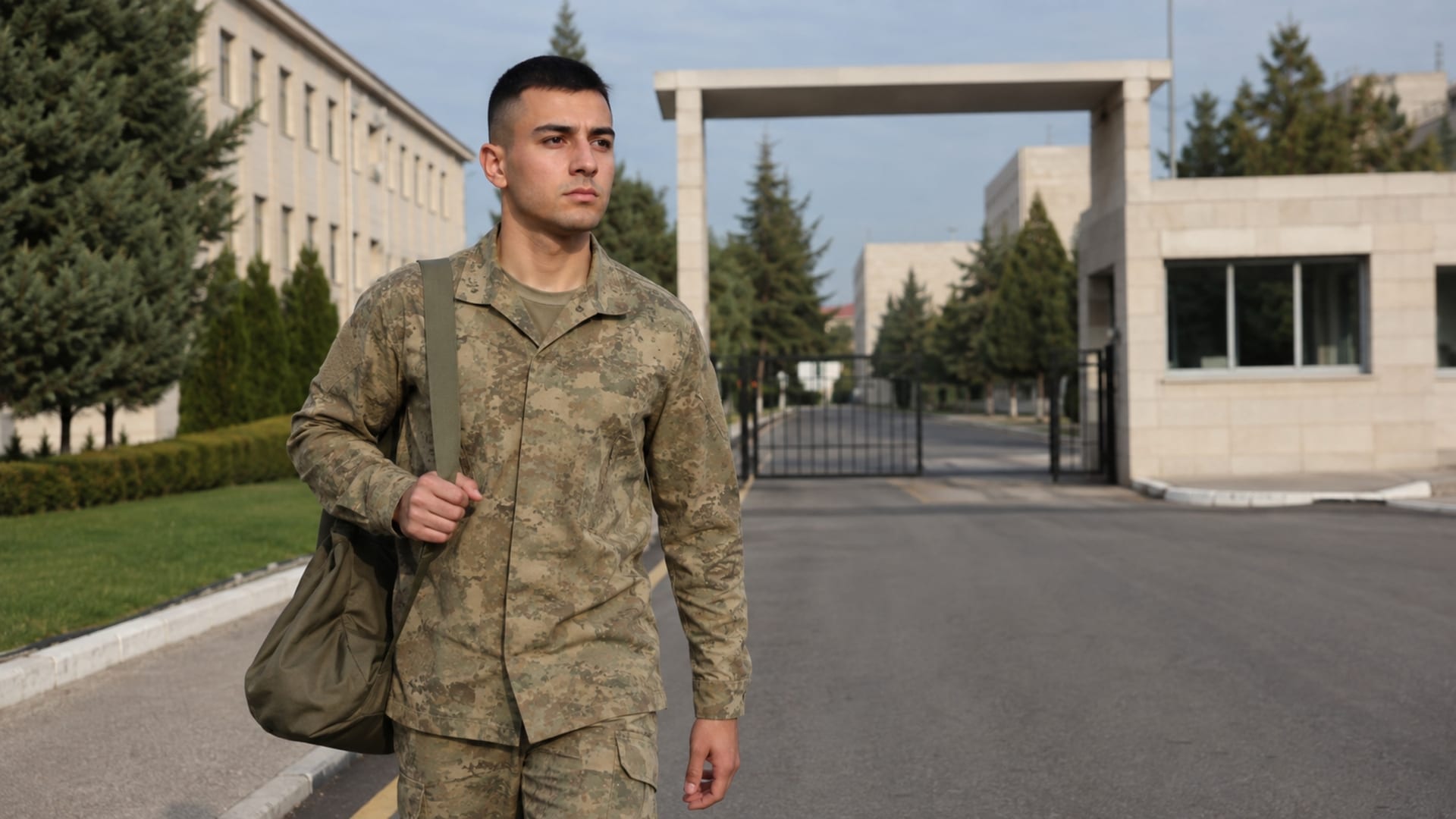 Tank Okul Komutanlığı yerleşkesine giriş yapan yedek astsubay adayını temsil eden Türk askerî personel