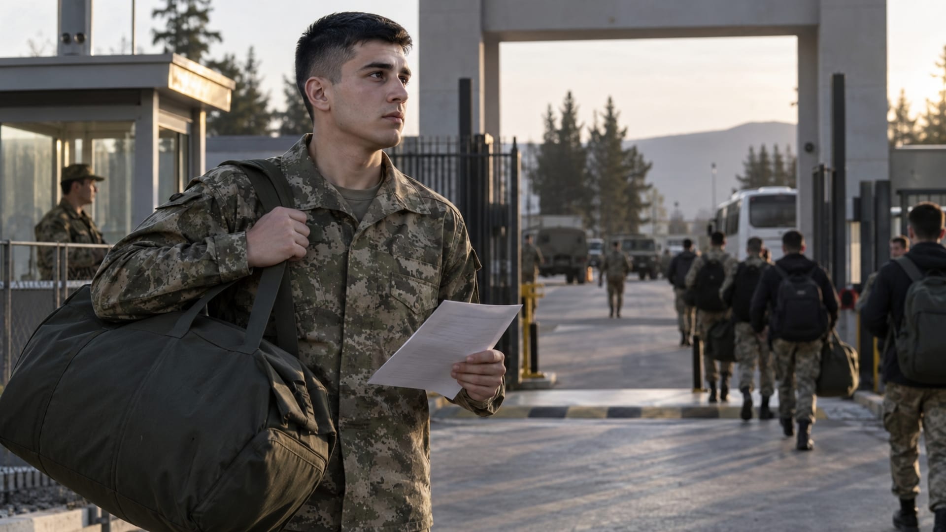 Sevk evrakı ve çantasıyla askerî birliğe katılmaya hazırlanan Türk askerî personel