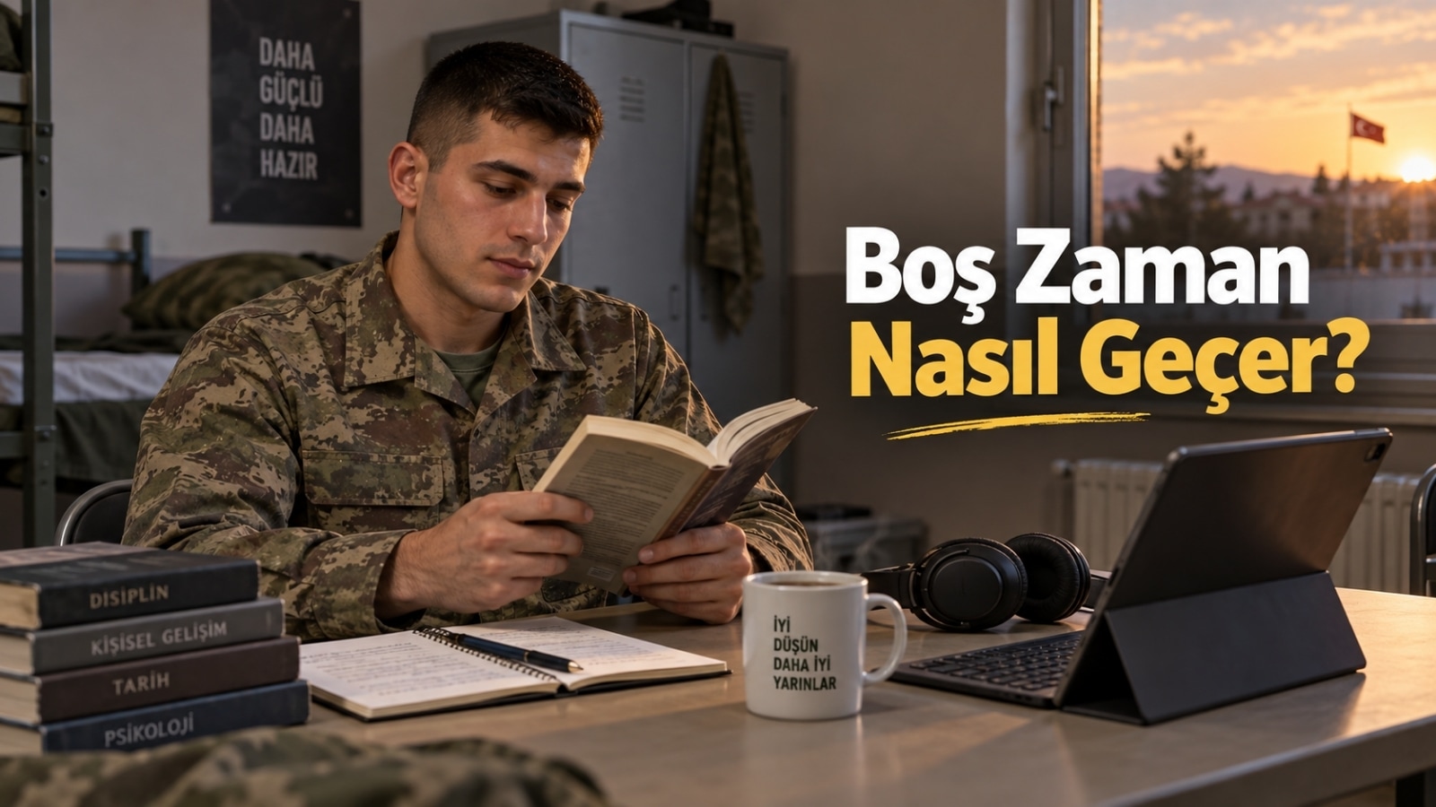 Askerlikte boş zamanı kitap, film ve kişisel uğraşlarla değerlendirmeyi temsil eden sakin ve editoryal bir görev ortamı
