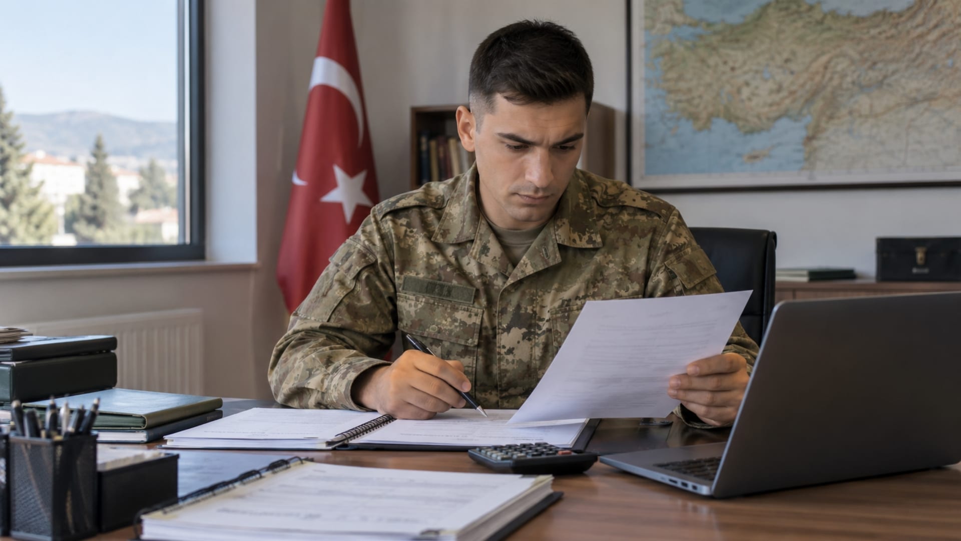 Alt metin: Askerî ofiste evrak, hesap makinesi ve bilgisayar üzerinden maaş hesabı yapan Türk askerî personel