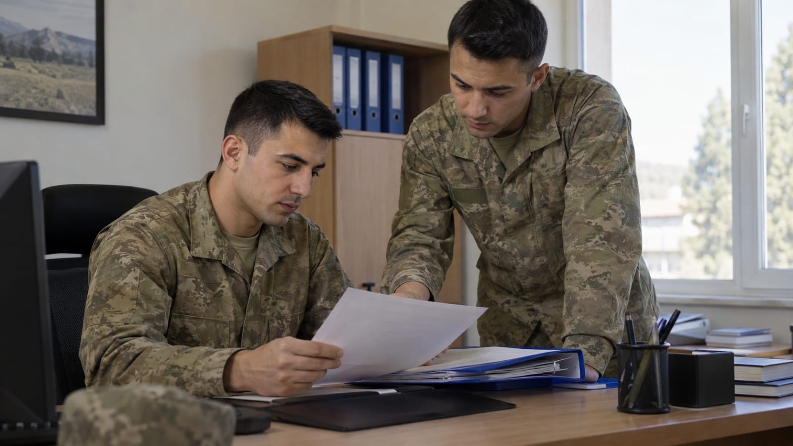 Askerî idari ofiste bir evrakı birlikte inceleyerek çözüm üzerinde çalışan iki Türk askerî personel