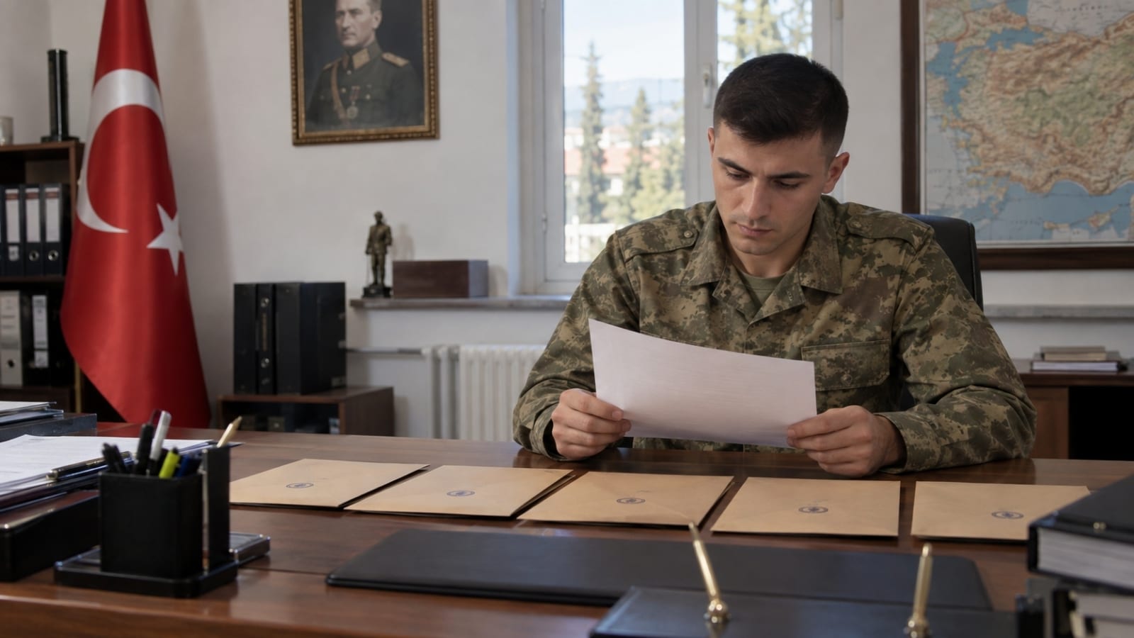 Askerî idari ofiste görev belgesini incelerken önündeki kapalı zarfları değerlendiren Türk askerî personel
