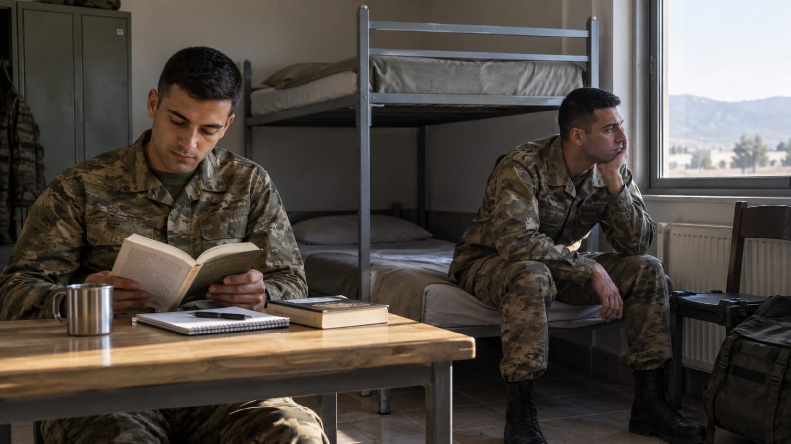 Aynı koğuşta biri kitap okurken diğeri pencereden dışarı bakarak vakit geçiren iki Türk askerî personel