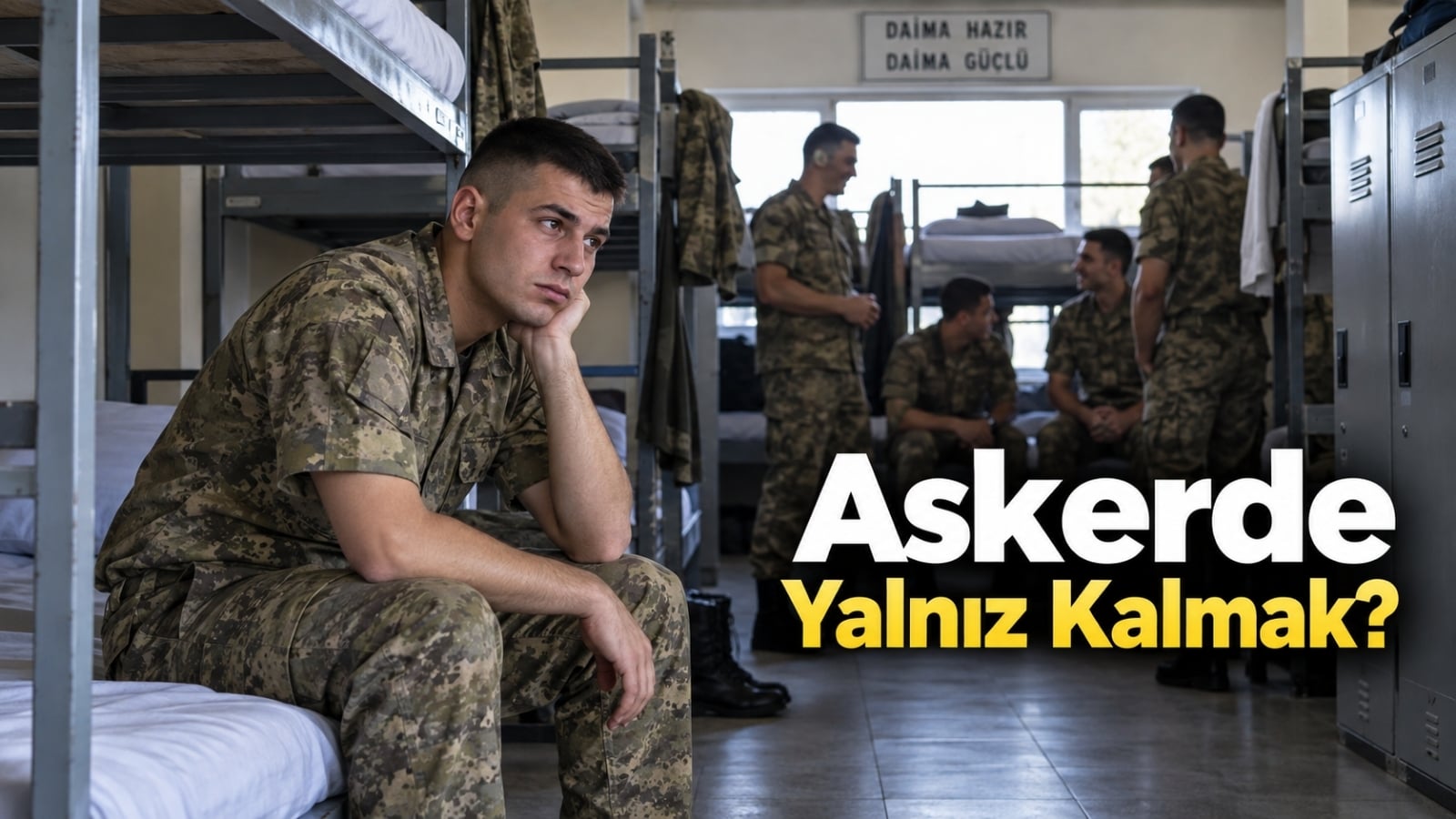 Kalabalık askerî yaşam içinde kişisel alan ve kısa süreli yalnızlık ihtiyacını temsil eden askerlik temalı editoryal görsel